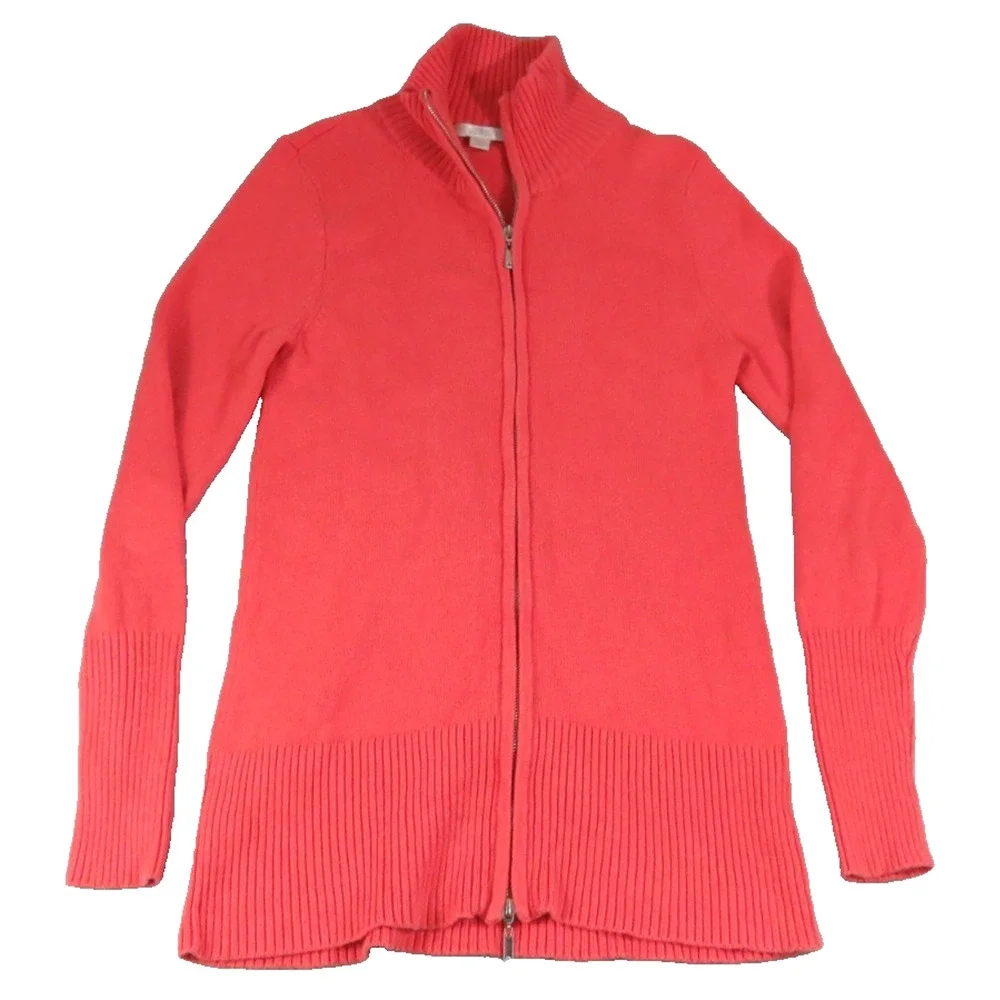 Boston Proper Zip Silk Blend Sweater Womens M Coral Knit Ribbed Stretch Cardigan